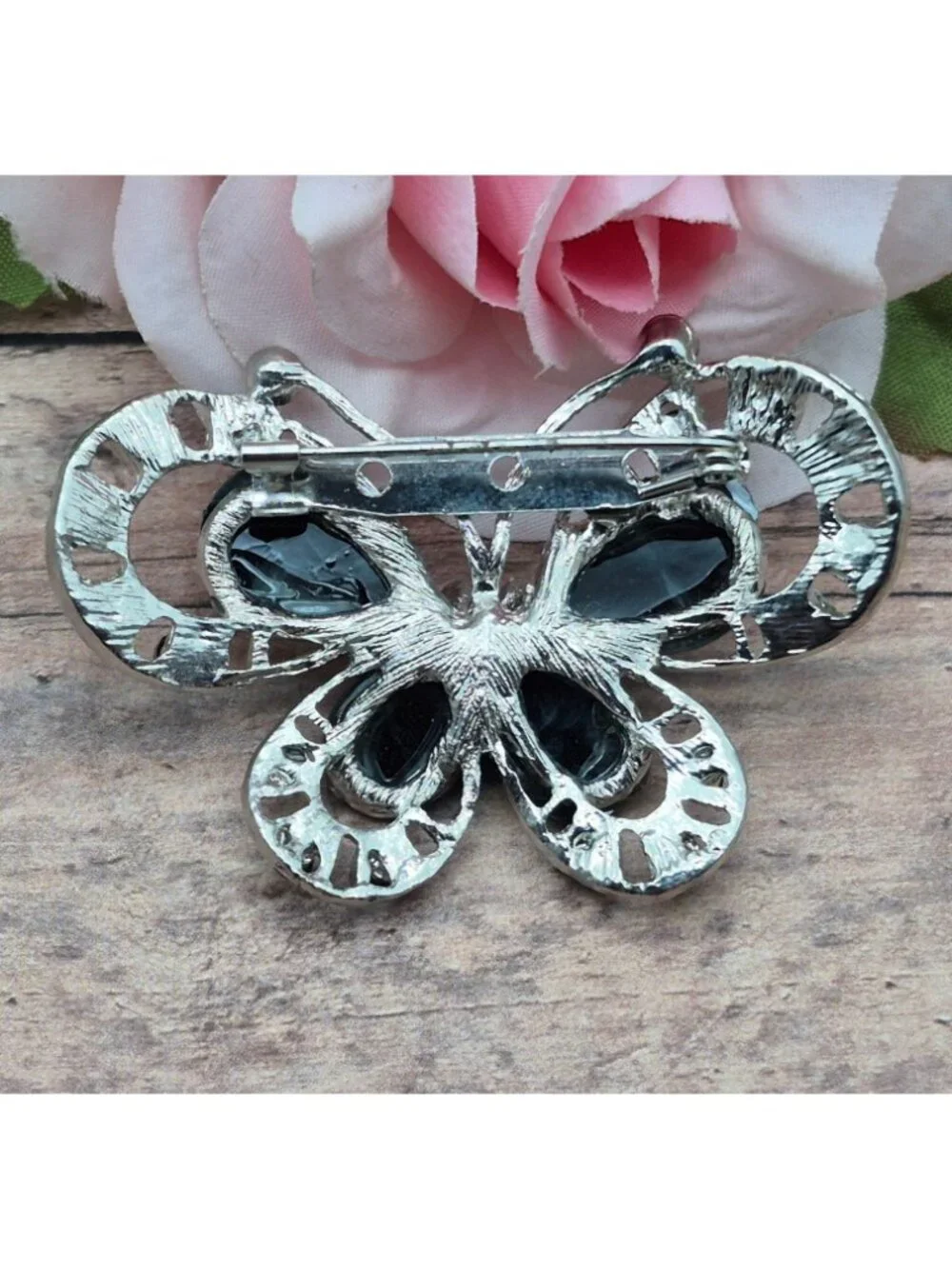 Vintage Butterfly Brooch Silver Tone Gray Marbled Cabochon Black Rhinestone Pin